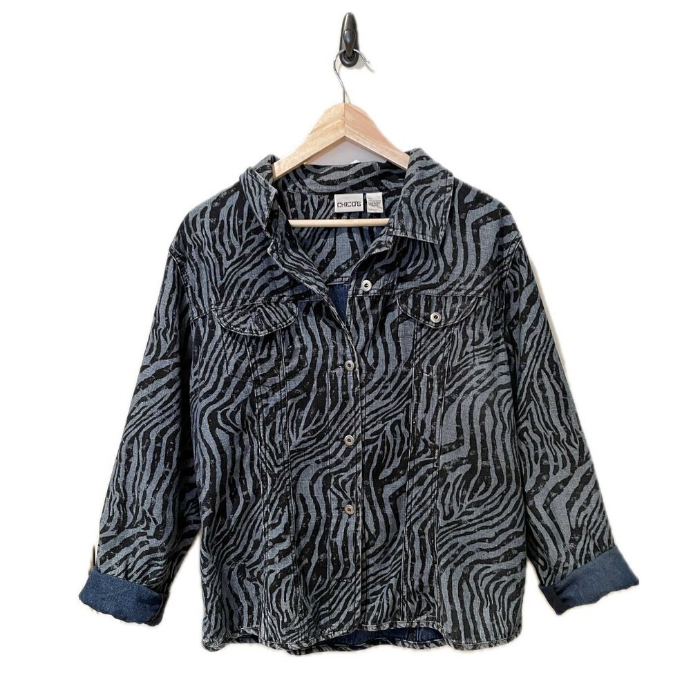 CHICO'S Denim Shacket Zebra Print Size 3